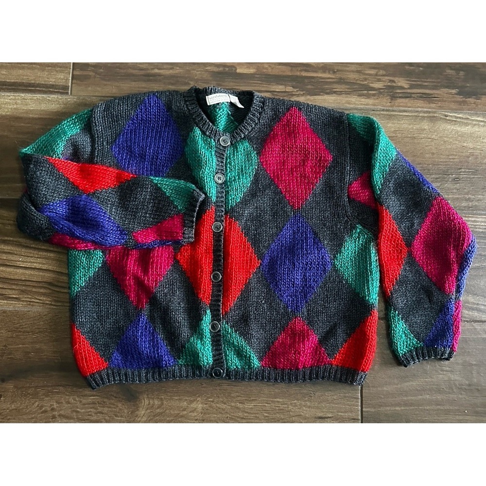 Liz Claiborne Collection Wool Mohair Argyle Cardigan Sweater Vintage Multi M